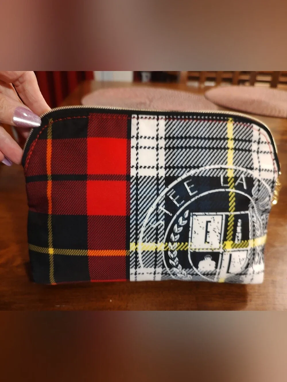 Estee Lauder Red & Navy Plaid Crest Toiletry Pouch